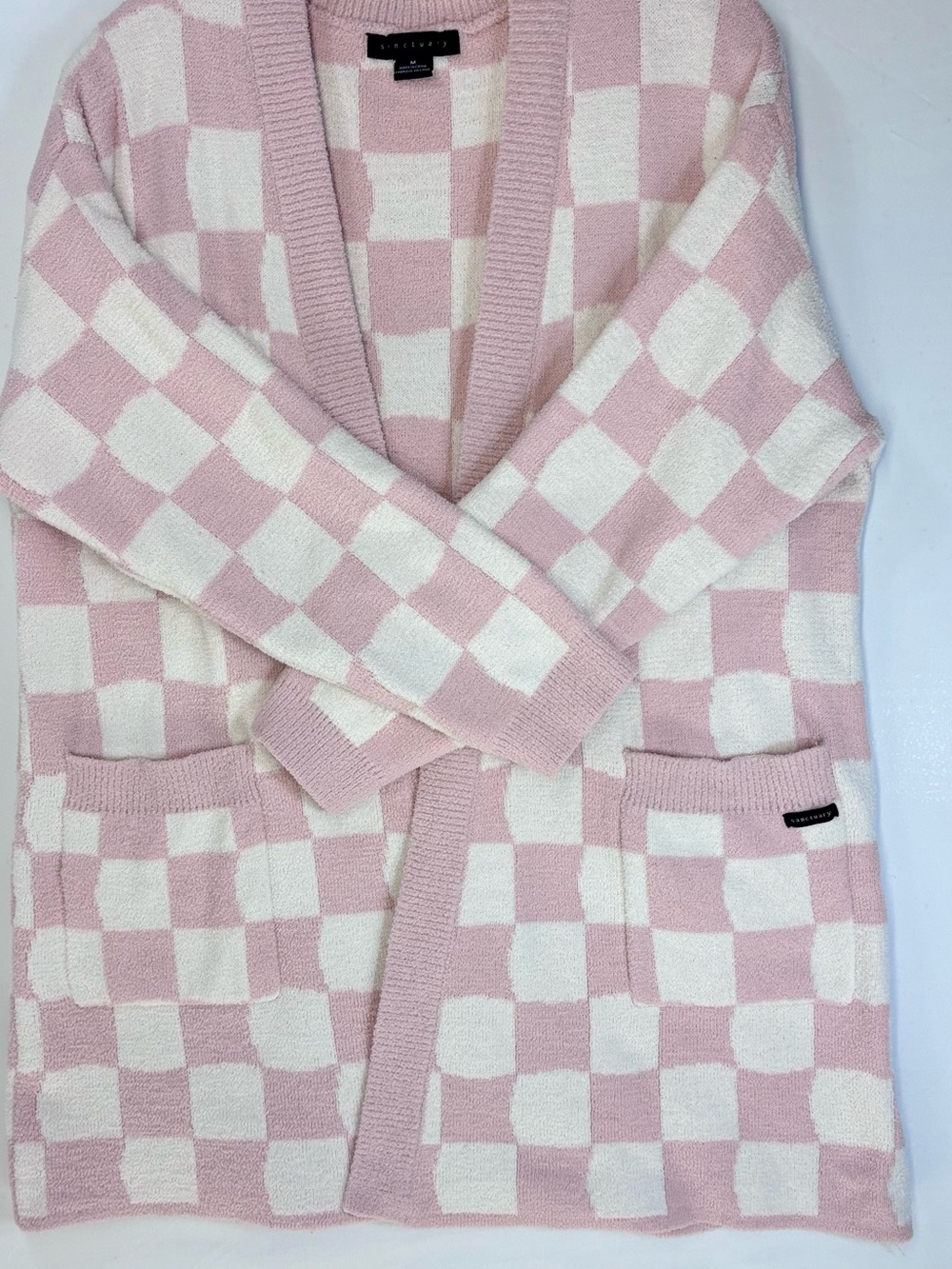 Sanctuary Pink & White Checkerboard Open-Front Cardigan
